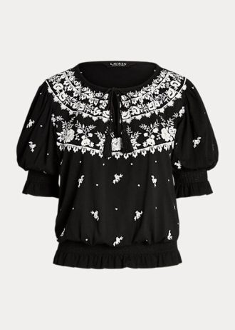 Hauts noirs à col noué en jersey brodé Ralph Lauren pour femme
