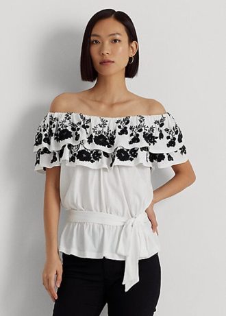 Hauts épaules dénudées en jersey brodé noir/blanc Ralph Lauren pour femme