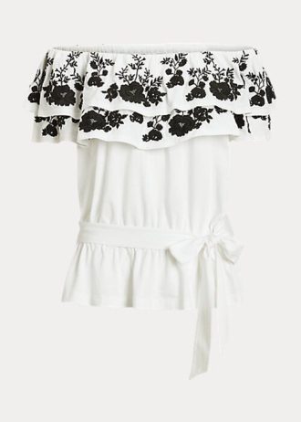 Hauts épaules dénudées en jersey brodé noir/blanc Ralph Lauren pour femme