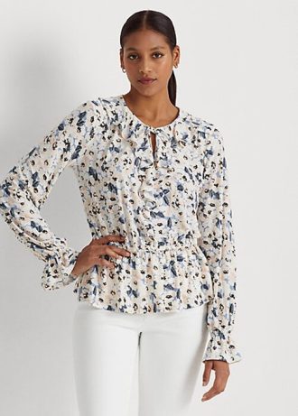Hauts péplum multicolores en jersey fleuri Ralph Lauren pour femmes, col noué