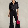 Jean évasé taille haute noir Ralph Lauren pour femme, orné de plumes et de perles