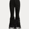 Jean évasé taille haute noir Ralph Lauren pour femme, orné de plumes et de perles