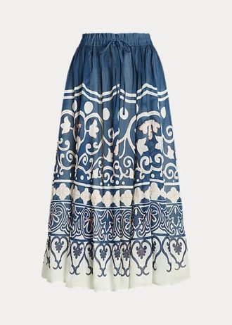 Jupe trapèze en voile perlé imprimé bleu/blanc Ralph Lauren pour femme