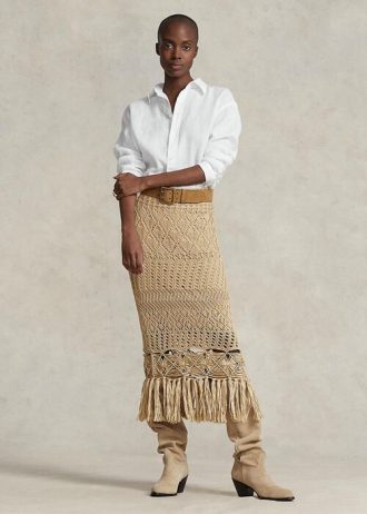 Jupes beiges à franges en macramé en maille pointelle Ralph Lauren pour femme