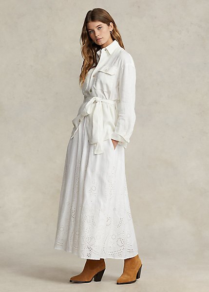 Jupes mi-longues blanches en lin à œillets Ralph Lauren pour femme Jupes mi-longues blanches en lin à œillets Ralph Lauren pour femme