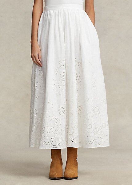 Jupes mi-longues blanches en lin à œillets Ralph Lauren pour femme Jupes mi-longues blanches en lin à œillets Ralph Lauren pour femme