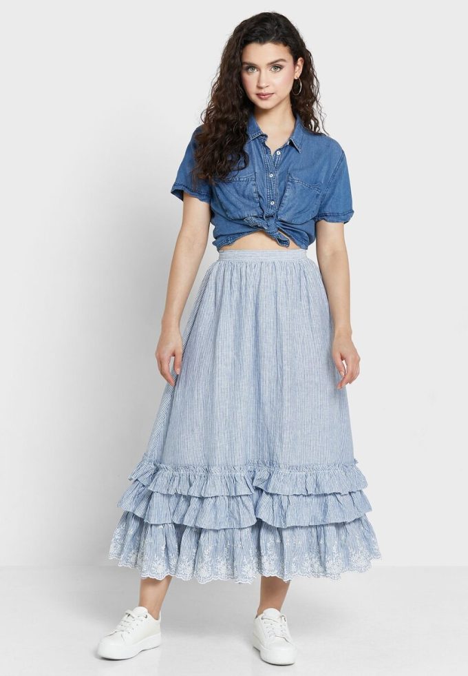 Jupes taille haute à volants bleues Ralph Lauren pour femmes Jupes taille haute à volants bleues Ralph Lauren pour femmes