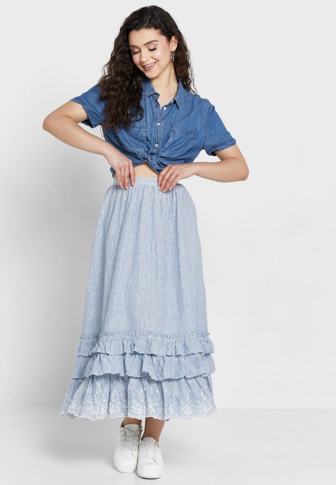 Jupes taille haute à volants bleues Ralph Lauren pour femmes Jupes taille haute à volants bleues Ralph Lauren pour femmes