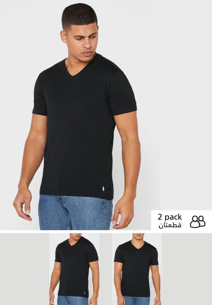 Lot de 2 t-shirts noirs à col en V pour homme Ralph Lauren Essential Lot de 2 t-shirts noirs à col en V pour homme Ralph Lauren Essential