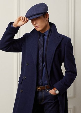 Manteaux Ralph Lauren en laine bleu marine foncé à chevrons faits main pour homme