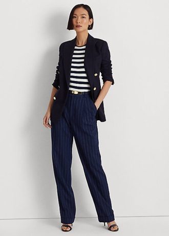 Pantalon droit en sergé à fines rayures bleu marine/blanc Ralph Lauren pour femme