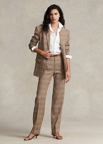 Pantalon droit en tweed de laine et lin à carreaux Ralph Lauren marron pour femme