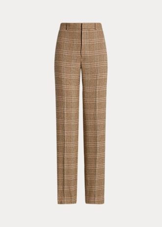 Pantalon droit en tweed de laine et lin à carreaux Ralph Lauren marron pour femme