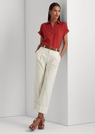 Pantalon femme Ralph Lauren en coton extensible double face crème à la cheville Pantalon femme Ralph Lauren en coton extensible double face crème à la cheville