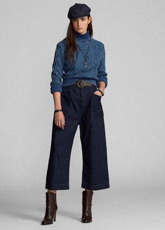 Pantalon large en denim de coton et lin bleu marine Ralph Lauren pour femme