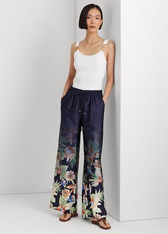 Pantalon large à imprimé floral Ralph Lauren bleu marine pour femme