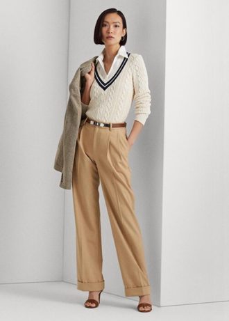 Pantalon plissé en sergé de laine mélangée Ralph Lauren kaki pour femme Pantalon plissé en sergé de laine mélangée Ralph Lauren kaki pour femme