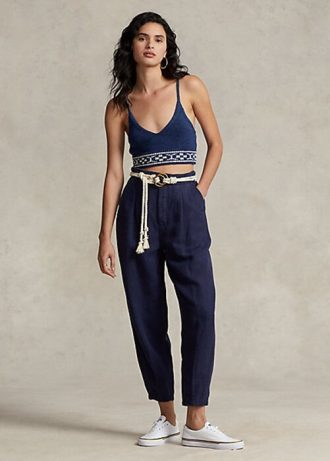 Pantalon plissé en sergé de lin mélangé bleu marine Ralph Lauren pour femme