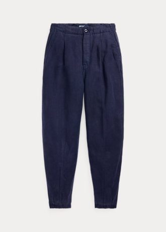 Pantalon plissé en sergé de lin mélangé bleu marine Ralph Lauren pour femme