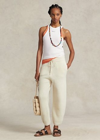 Pantalon pull en cachemire et laine côtelés Ralph Lauren pour femme, couleur crème