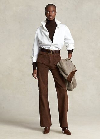 Pantalon évasé en daim d&rsquo;agneau chocolat pour femme Ralph Lauren