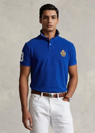 Polo Ralph Lauren bleu coupe classique pour homme avec écusson en maille