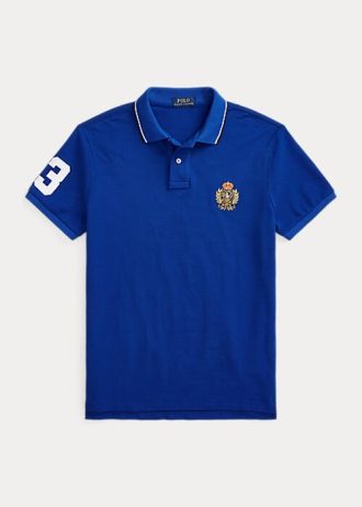 Polo Ralph Lauren bleu coupe classique pour homme avec écusson en maille