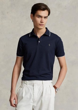 Polo Ralph Lauren bleu marine coupe slim pour homme, motif œil-de-perdrix