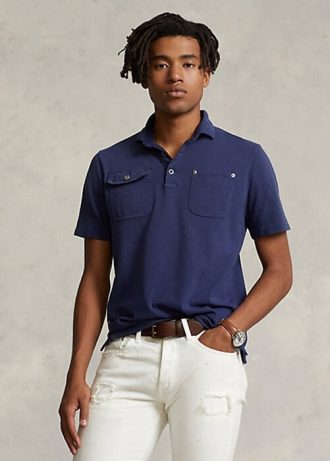 Polo Ralph Lauren bleu marine à poches en filet pour homme, coupe classique