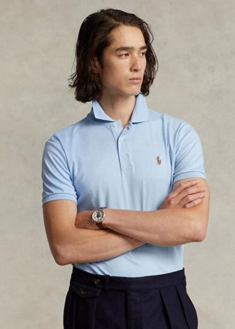 Polos bleus en coton doux Ralph Lauren Custom Slim Fit pour homme