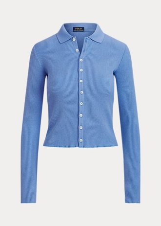 Polos courts côtelés bleus boutonnés pour femme Ralph Lauren