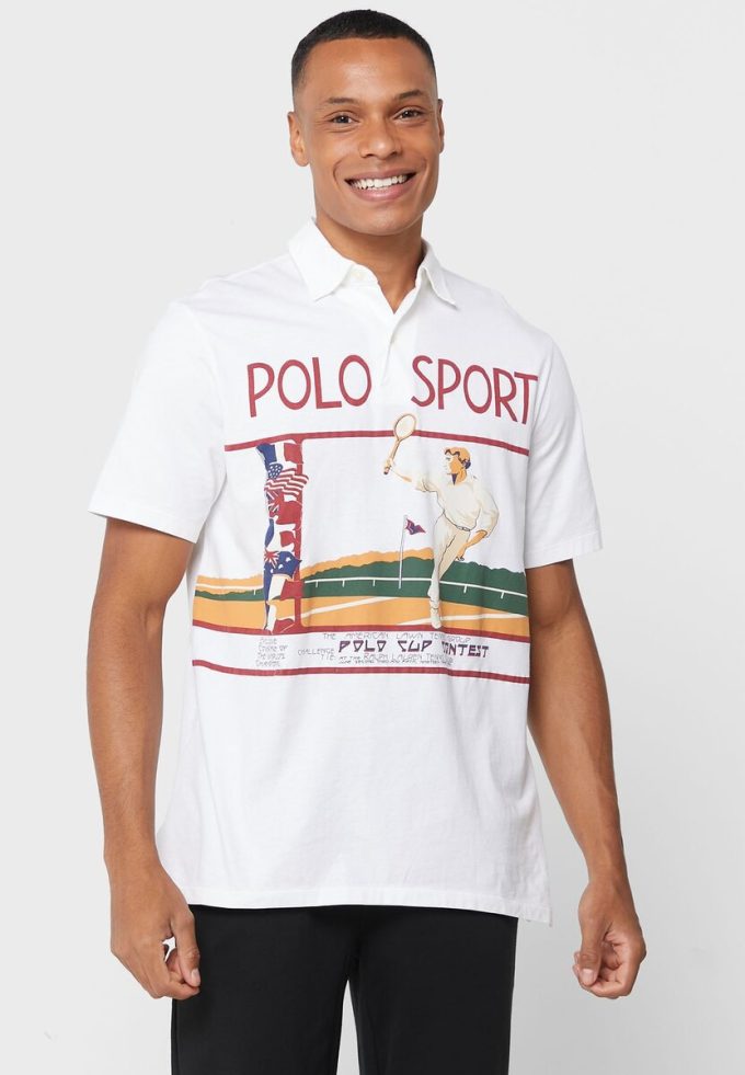 Polos graphiques blancs Ralph Lauren pour hommes Polos graphiques blancs Ralph Lauren pour hommes