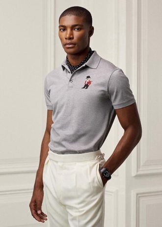 Polos gris Ralph Lauren Slim Fit Bear pour homme