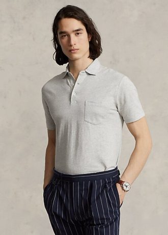 Polos gris Ralph Lauren Slim Fit en coton et lin pour homme