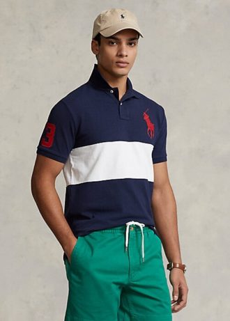 Polos Ralph Lauren Big Pony Mesh bleu marine/blanc pour homme