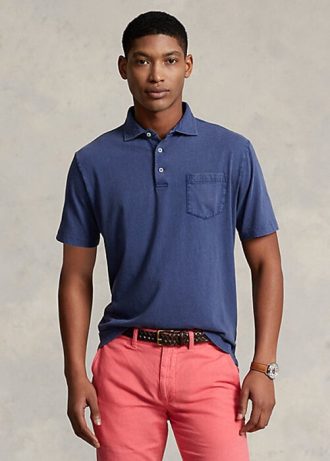 Polos Ralph Lauren bleu marine en coton et lin coupe classique pour homme