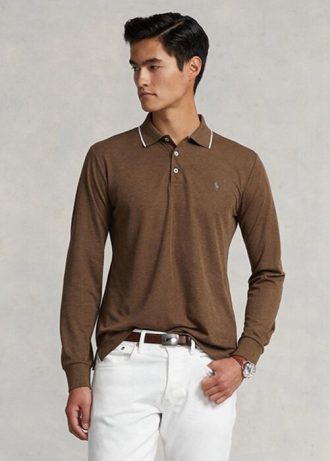 Polos Ralph Lauren marron coupe slim pour homme motif œil-de-perdrix