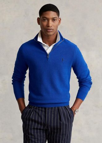 Pull bleu Ralph Lauren en maille de coton à quart de zip pour homme