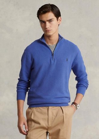 Pull bleu Ralph Lauren en maille de coton à quart de zip pour homme