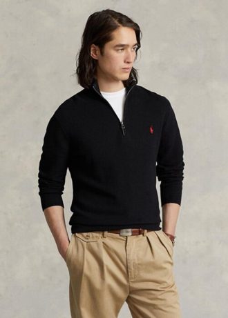 Pull noir Ralph Lauren en maille de coton à quart de zip pour homme