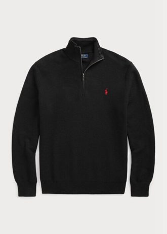 Pull noir Ralph Lauren en maille de coton à quart de zip pour homme