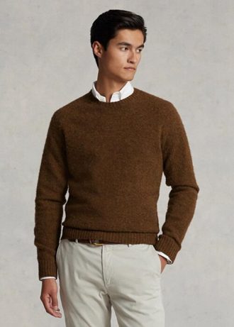 Pull ras du cou en laine et daim marron Ralph Lauren pour homme