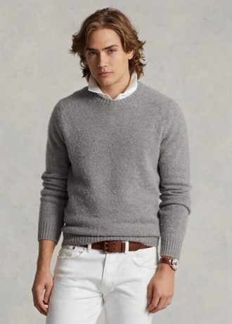 Pull ras du cou en laine gris Ralph Lauren pour homme avec patch en daim