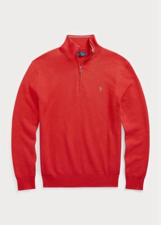 Pull rouge Ralph Lauren en maille de coton à quart de zip pour homme