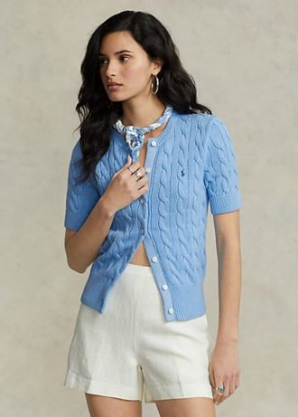 Pulls bleus à manches courtes en maille torsadée Ralph Lauren pour femme
