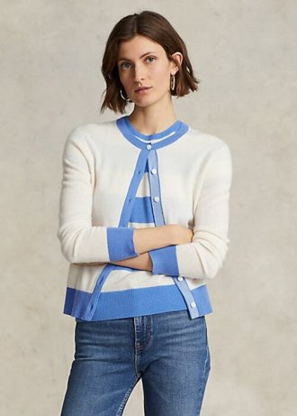 Pulls cardigan en cachemire bleu/crème Ralph Lauren Crest pour femme
