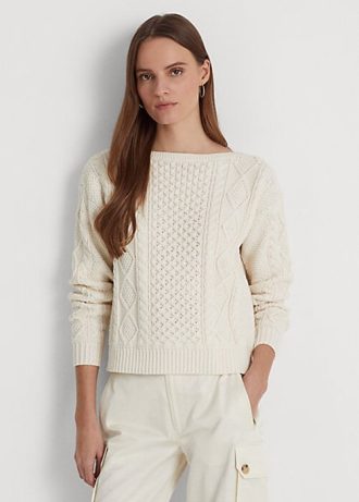 Pulls à col bateau en coton tricoté Aran Ralph Lauren crème pour femme