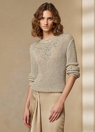 Pulls à col roulé en soie ornés beiges Ralph Lauren pour femme