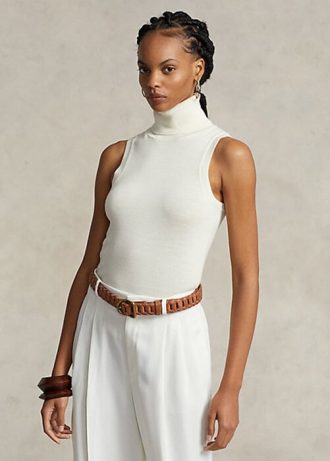 Pulls à col roulé sans manches en laine Ralph Lauren pour femme, couleur crème