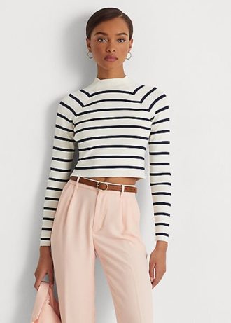 Pulls courts à col montant rayés Ralph Lauren crème/bleu marine pour femme